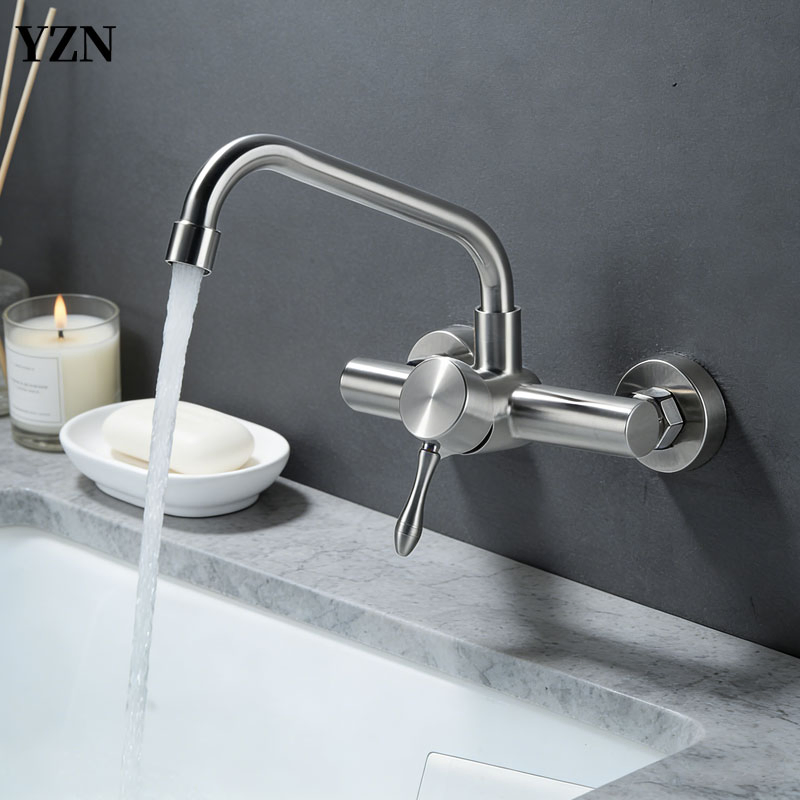 Wall-Mounted Anti-Corrosion Hot and Cold Water Faucet Set for Kitchen and Balcony, with Universal Rotating Basin Faucet on The Countertop