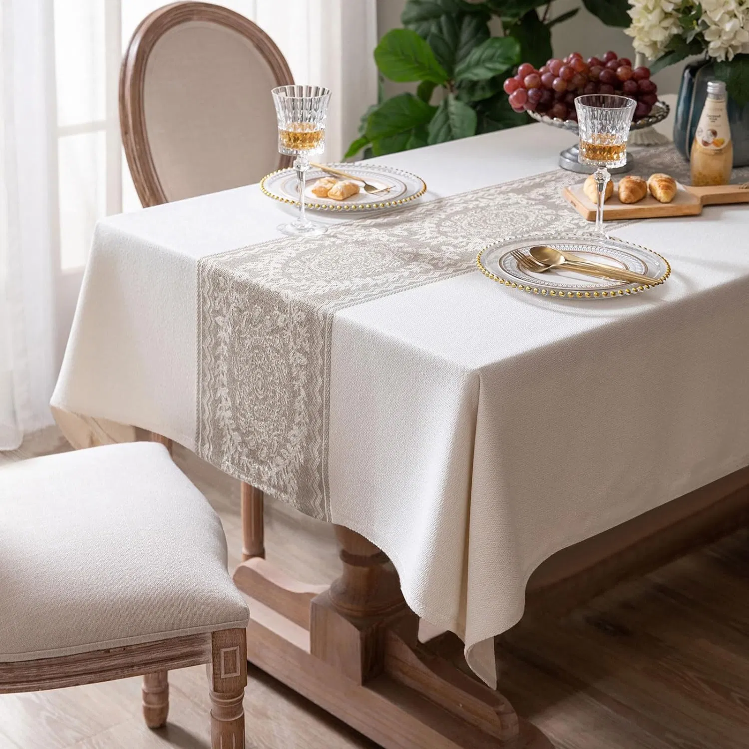Tablecloth Linen Fabric 3D Embroidery Table Cover Wrinkle Free Anti-Fading Table Decoration for Kitchen Dining Room Brown