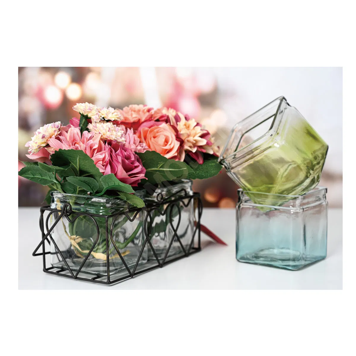 Colorful Square Glass Vase Set of 2 with Metal Rack, Rustic Country Home Table Decor Ideal for Vase, Candle Holder