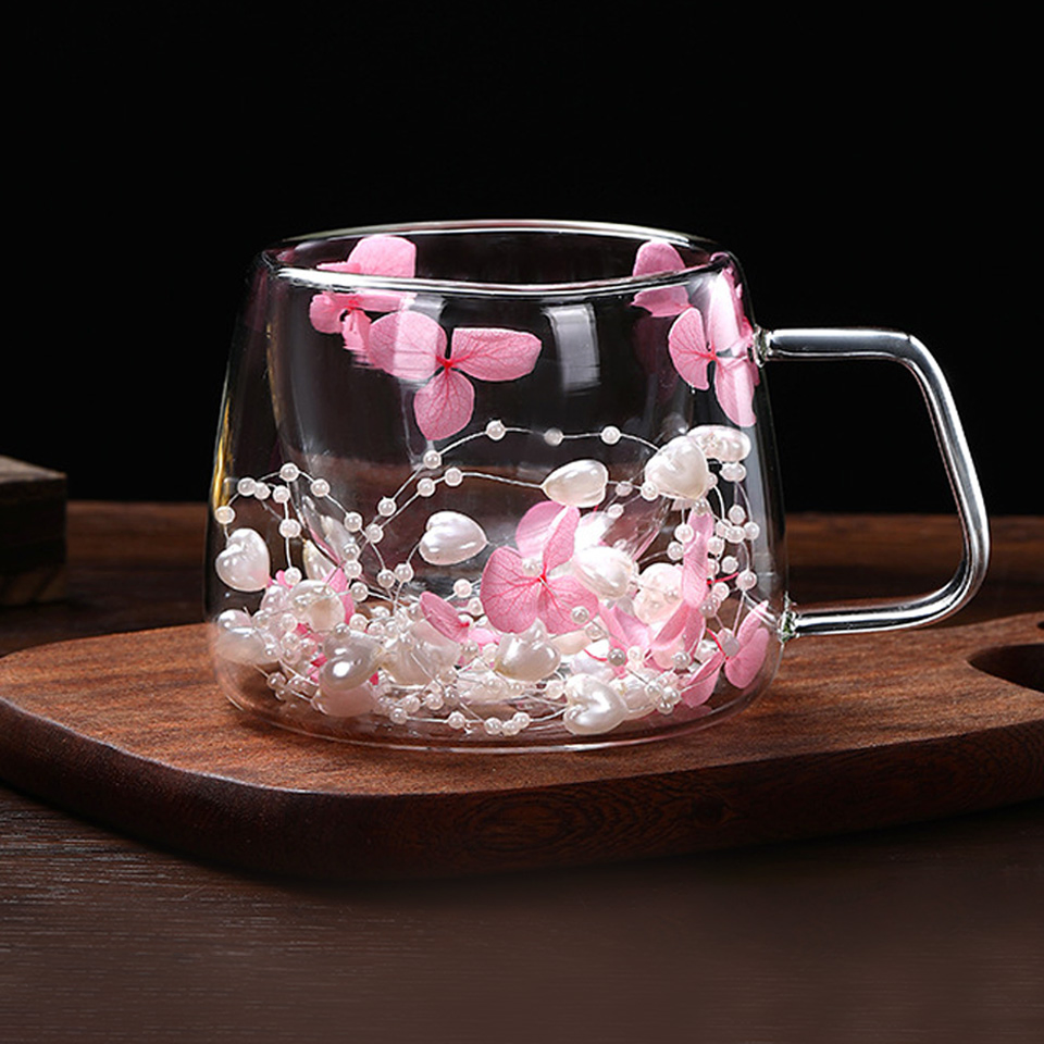 Double Walled Glass Coffee Milk Mug with Flowers Filling