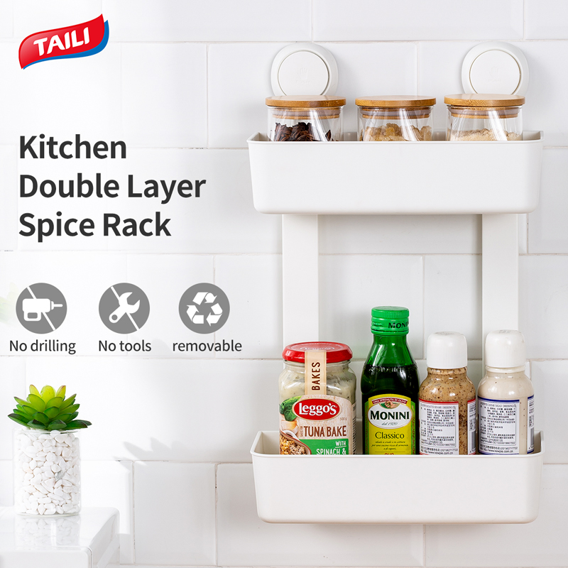 2 Layers Spice Rack Shelf Spice Organizer Plastic Rack Wall Mount Kitchen Corner Spice Holder Rack Hanging Storage Organizer Spice Basket
