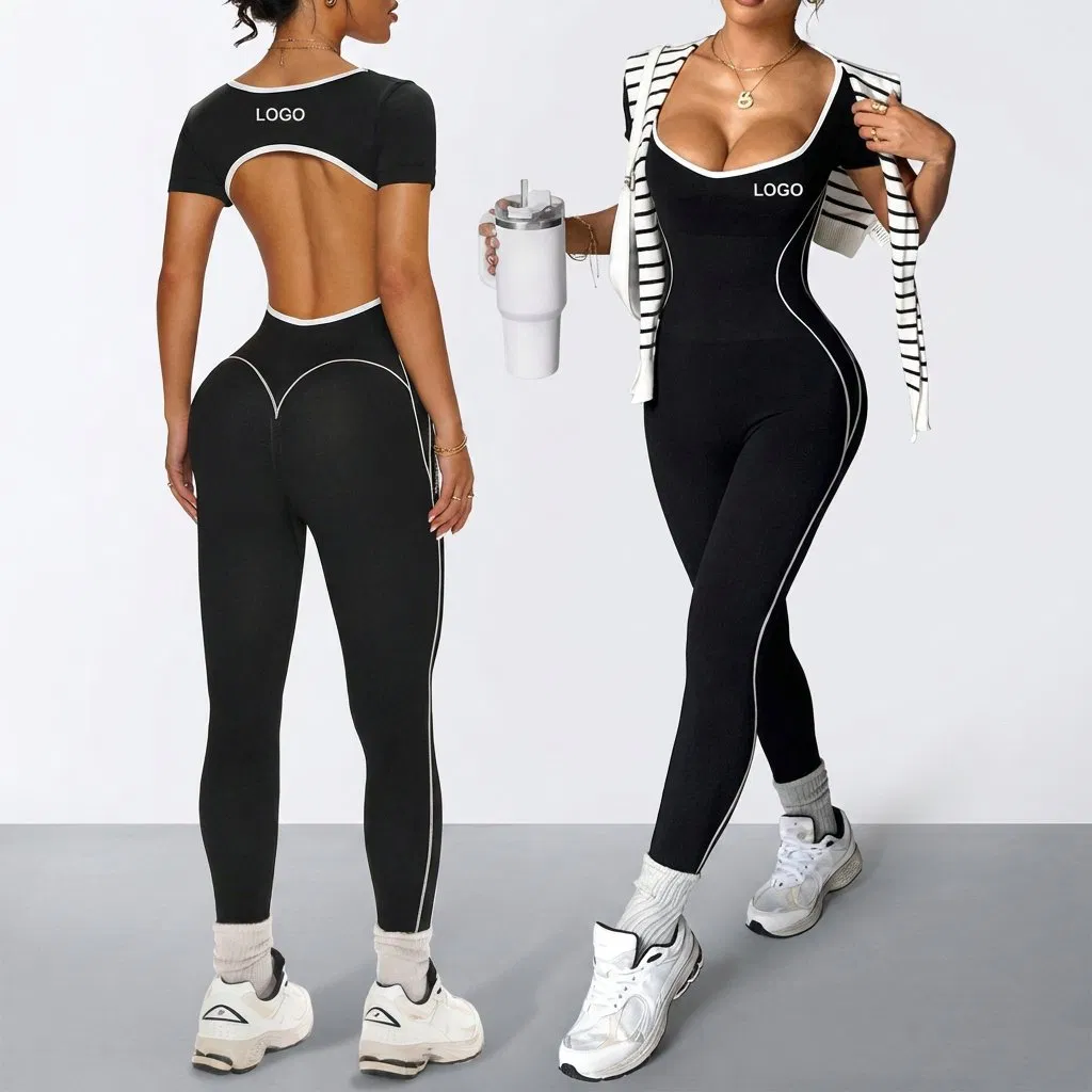 New Seamless Women's Summer U-Neck Short Sleeve High Waist Slimming Yoga Wear Hollow Back Fitness Jumpsuit