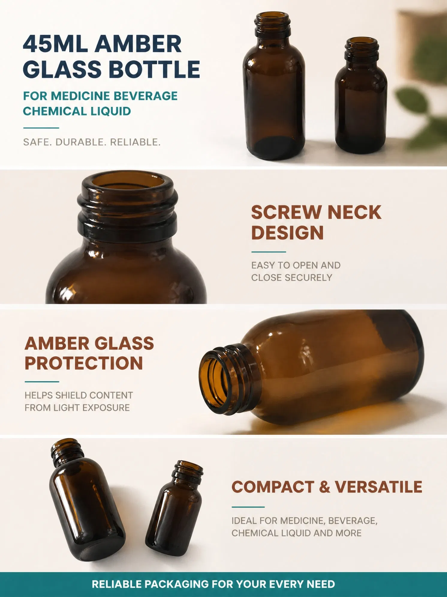 45ml Amber Glass Bottle for Medicine Beverage Chemical Liquid