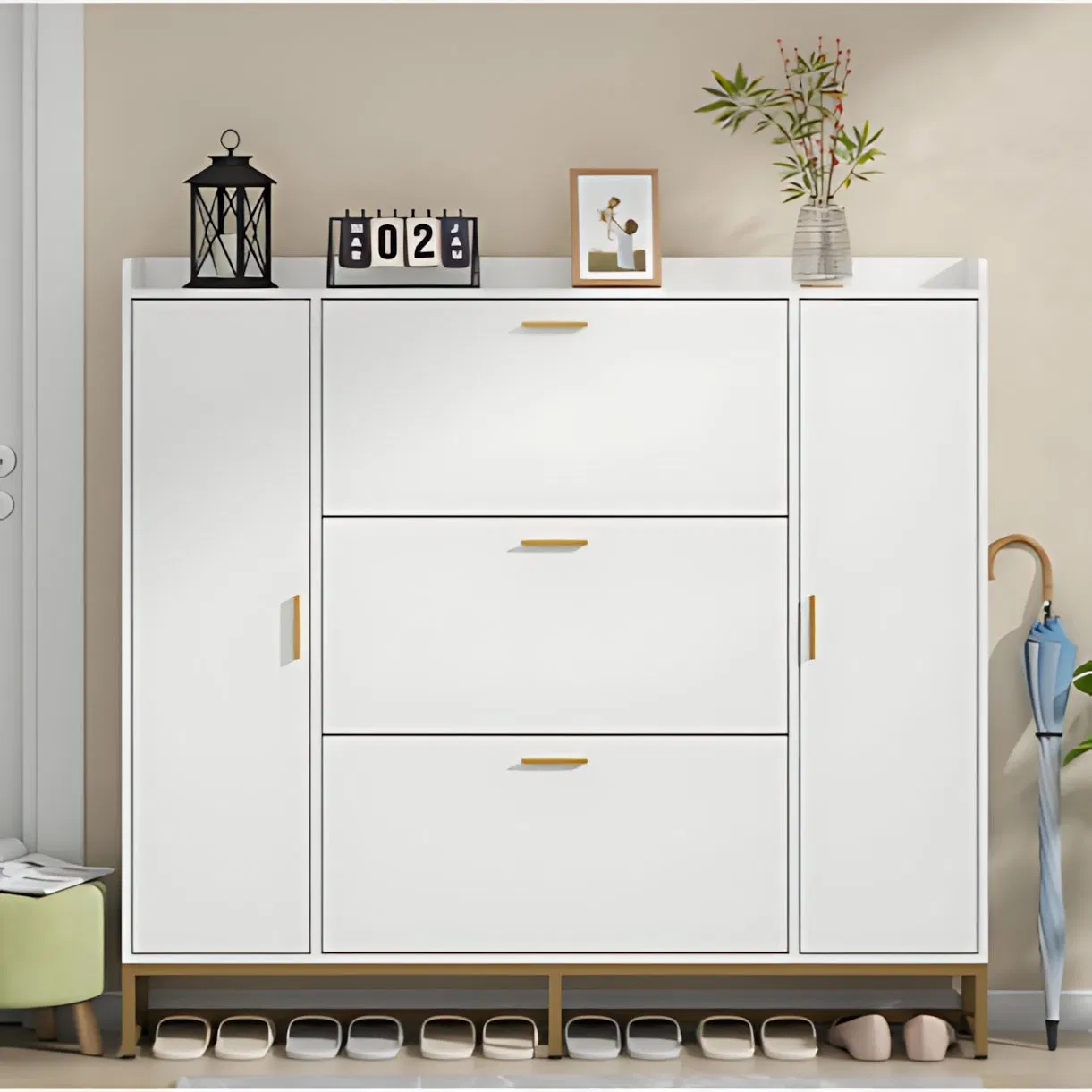 Shoe Cabinet for Entryway with 2 Adjustable Storage Shelf, Freestanding Tipping Bucket Shoe Rack Organizer with 3 Flip Drawers-White