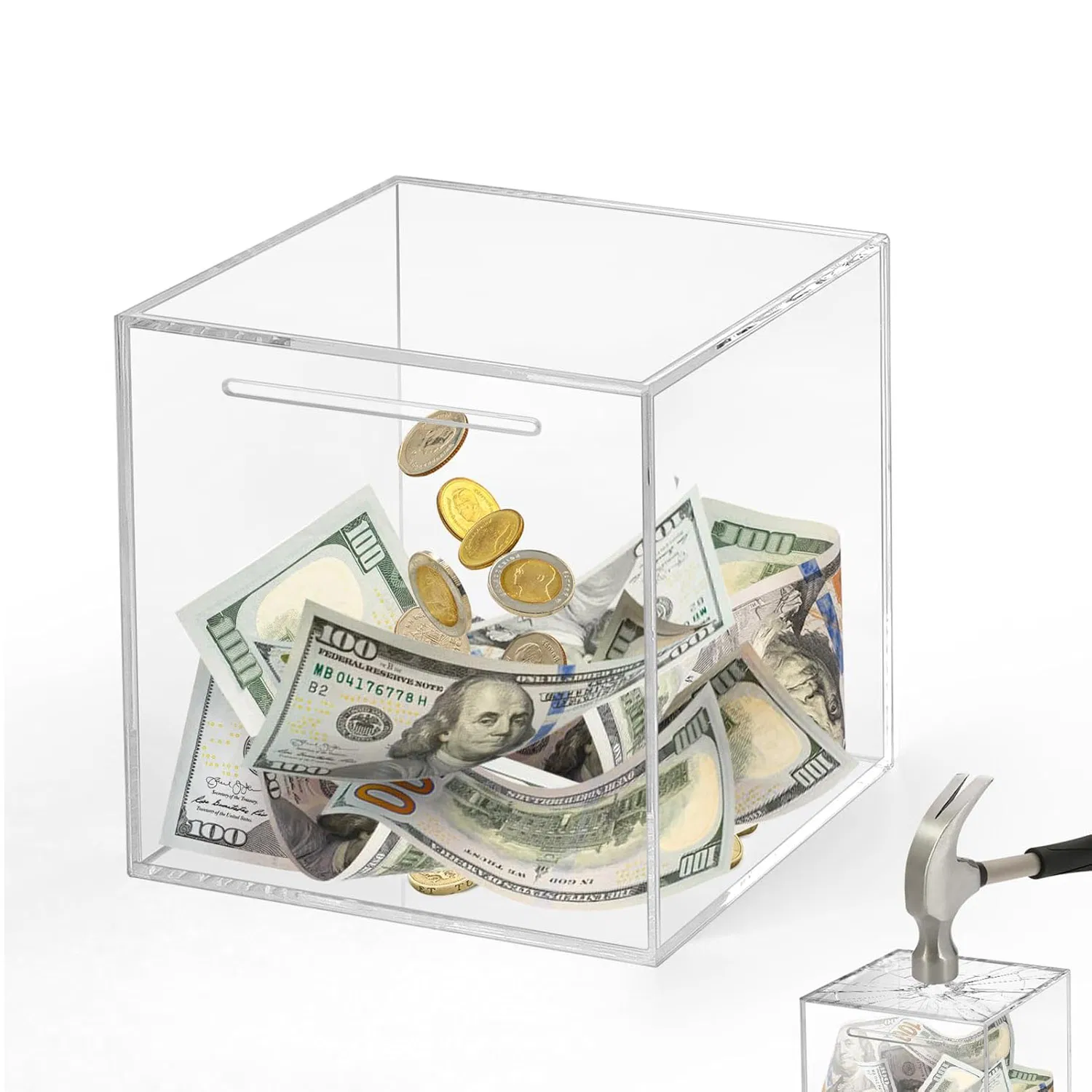 Unopenable Piggy Bank Clear Acrylic Money Savings Box Must Break to Open