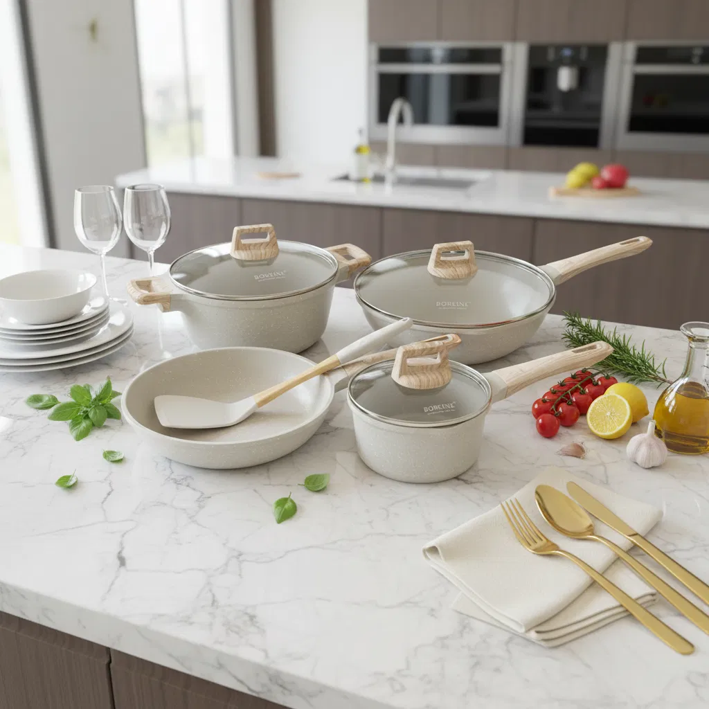 Beige Modern Cookware Set Non-Stick Casserole Aluminium Fry Sauce Pan Healthy Home