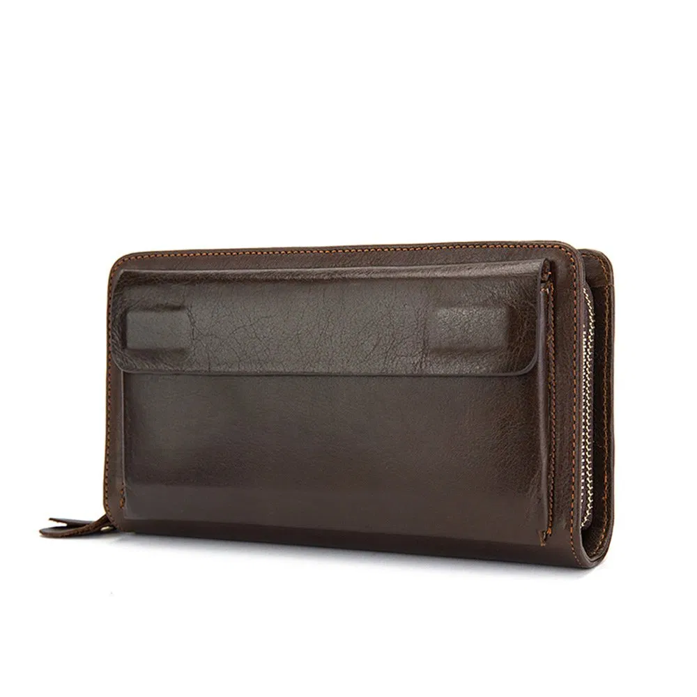 Business Men's Wallet Long First-Layer Cowhide Clutch Double-Layer Zipper Wallet Coin Purse for Men