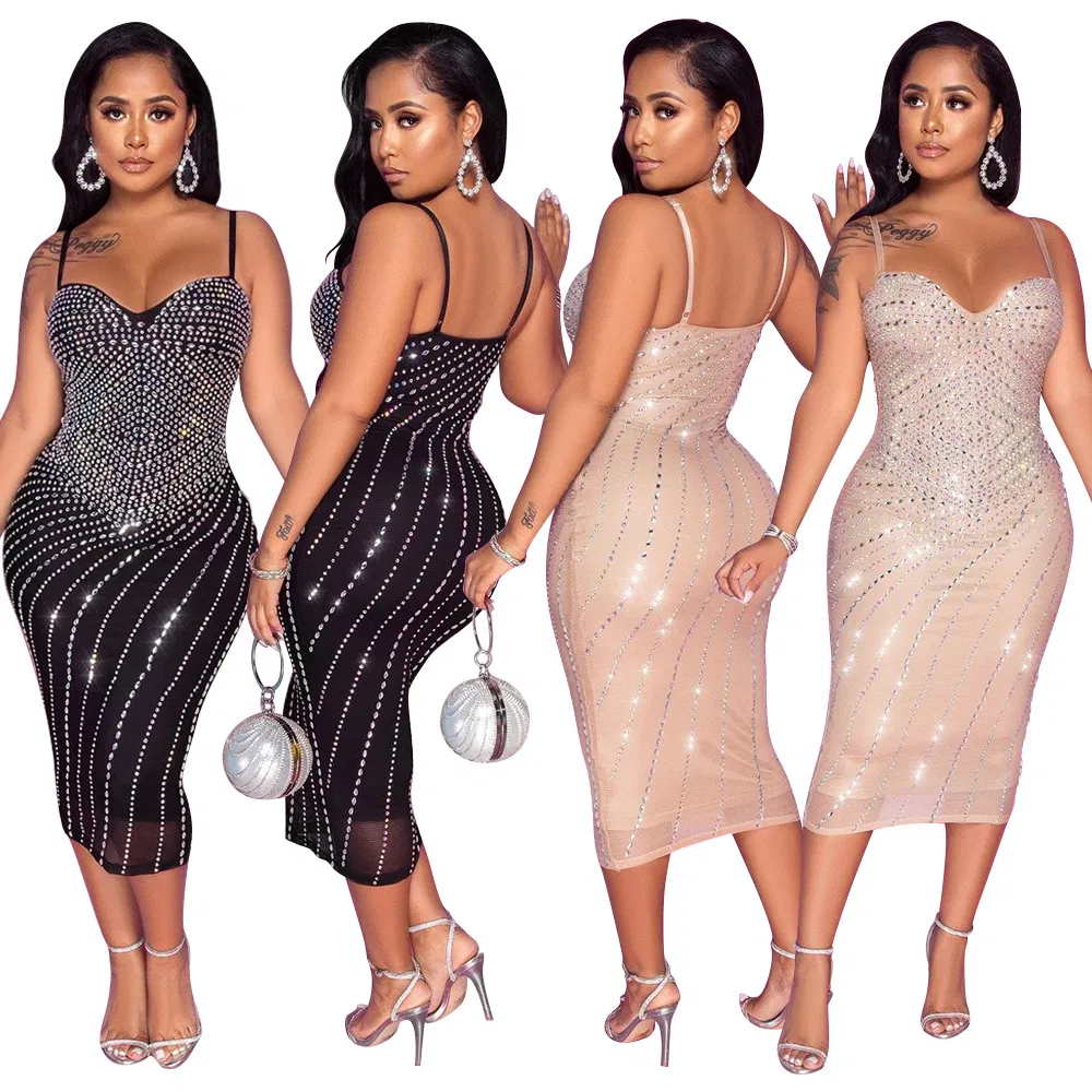 Summer New Collection Women's Sexy Tight Strap Net Silk Beaded MIDI Dress for Women