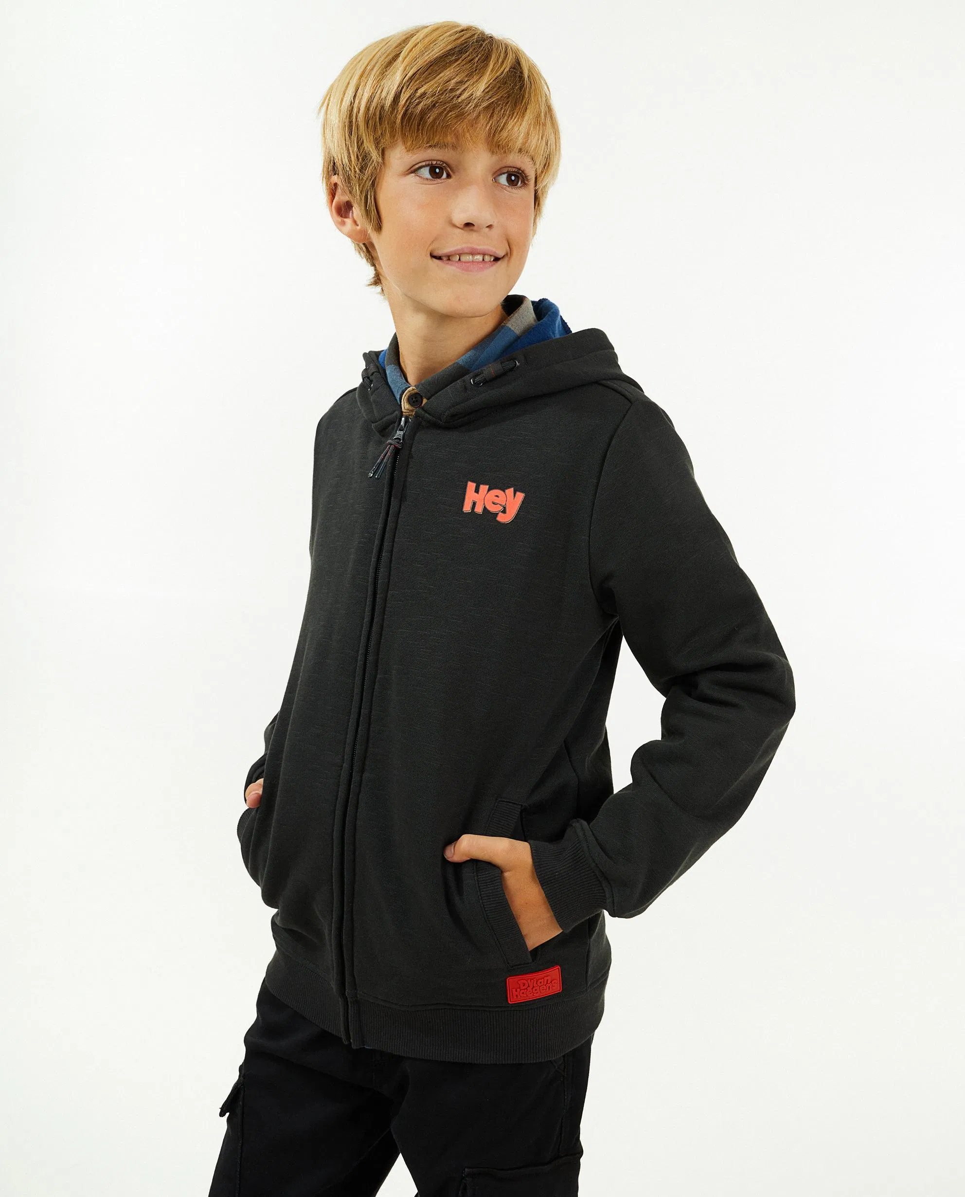 Boy's Zipper Style Print Logo Customized Cotton Patch Hoodie Sweatshirt with an Adjustable Hood