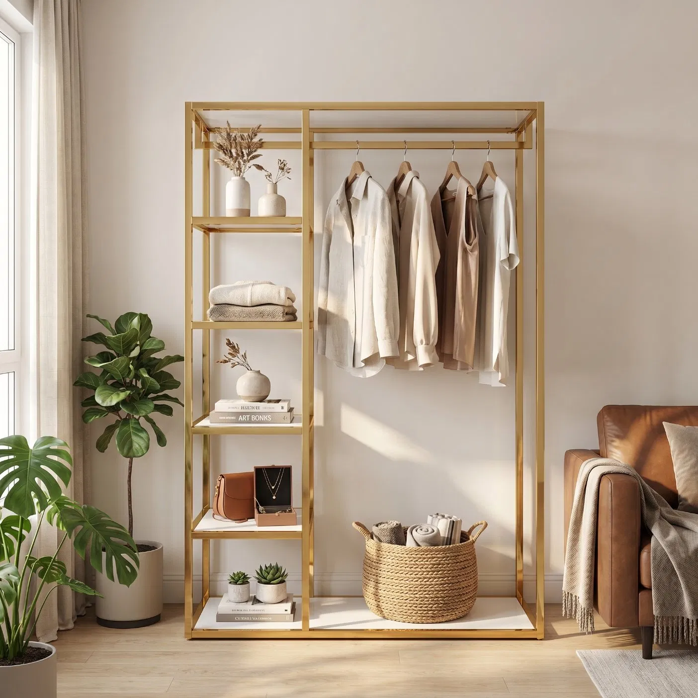 Source Factory OEM Retail Display Luxury Gold Metal Clothing Display Stand with Shelves for Boutiques
