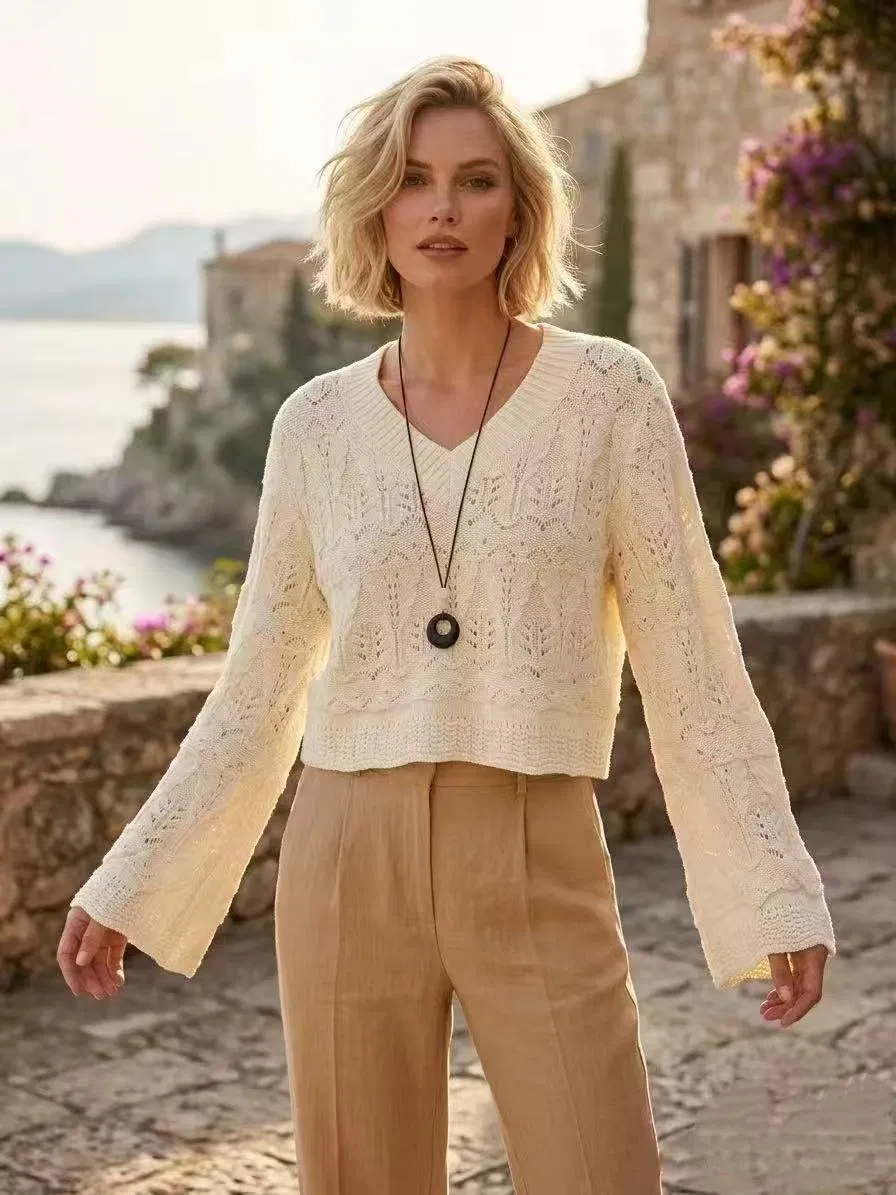 Women's Knitted Sweater Top with Open Design, Short Style, Casual Long-Sleeved Top