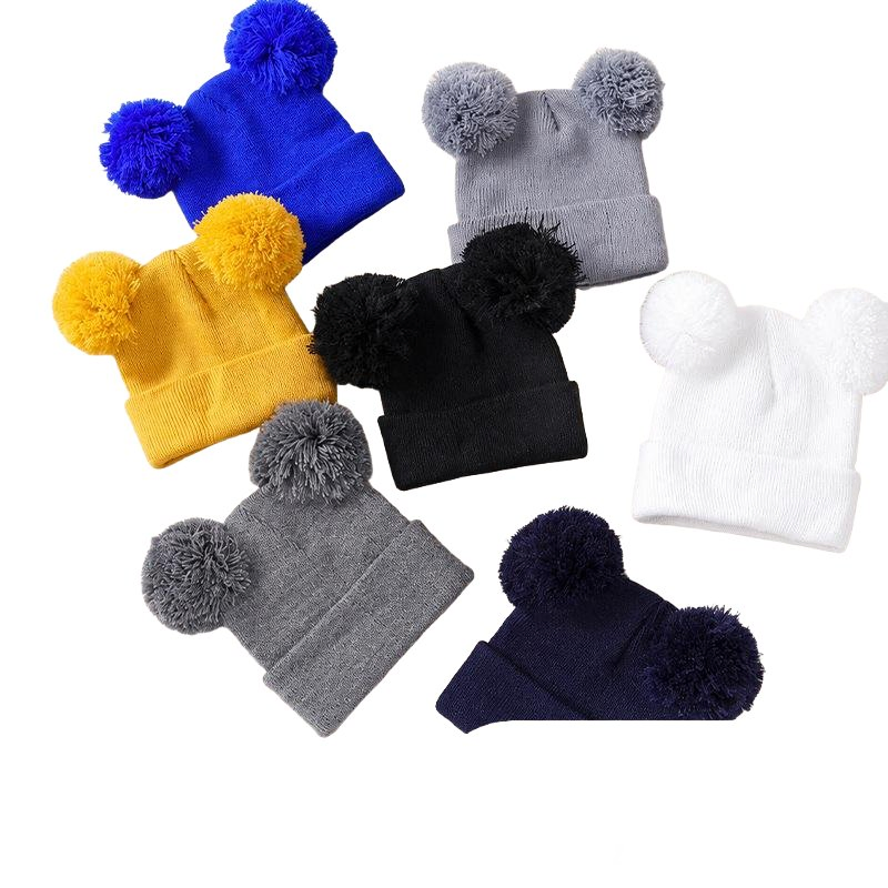 Custom Double POM POM Knit Beanie Wholesale, Children Acryllic Cuffed Winter Hat