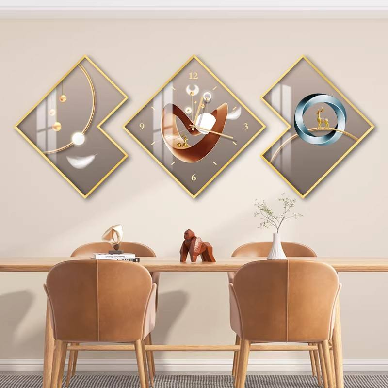 Wholesale Three-Panel Abstract Picture Modern Restaurent Crystal Porcelain Wall Art Clock Painting