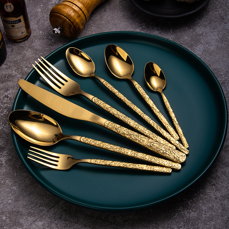 Stainless Steel Creative Retro Relief Stone Western Tableware Hotel Household Steak Knife, Fork and Spoon