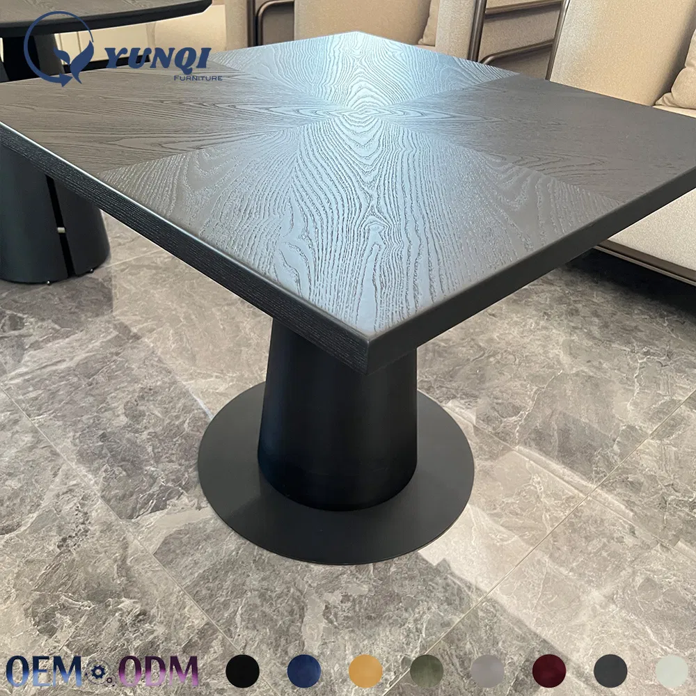 Square Black Veneer Solid Wood Negotiation Table with Round Metal Pedestal Base