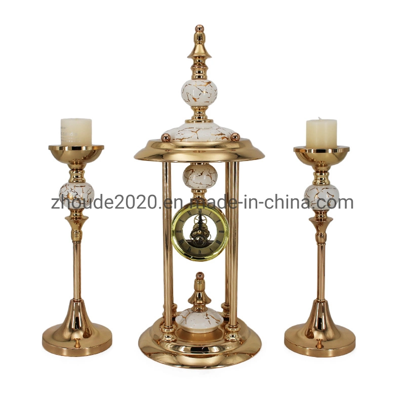 European Tea Lights Candlestick Gold Metal Holder and Ceramics Clock Sets for Home Living Room Decoration