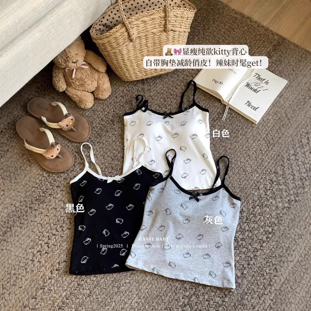 Kt Cartoon Printed Camisole with Built-in Bra Pads Slim-Fit Spicy Girl Top