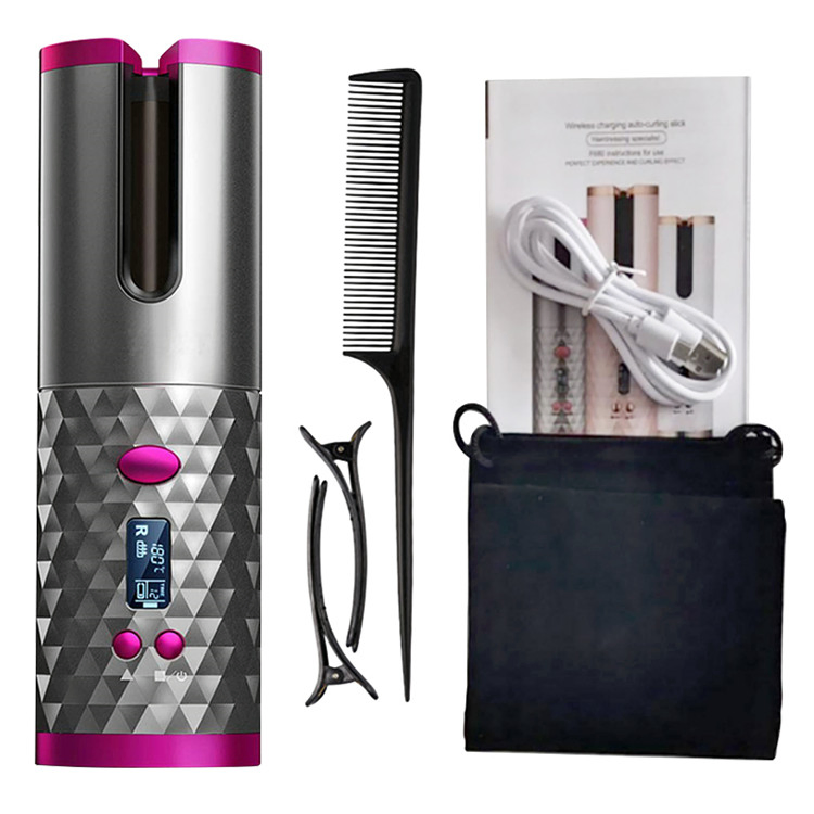 Portable Automatic Hair Curler Straighter USB Rechargeable Wireless Curling Iron Magic Curls Waves LCD Display Ceramic Curly Rotating Curling Mini Wave Styer