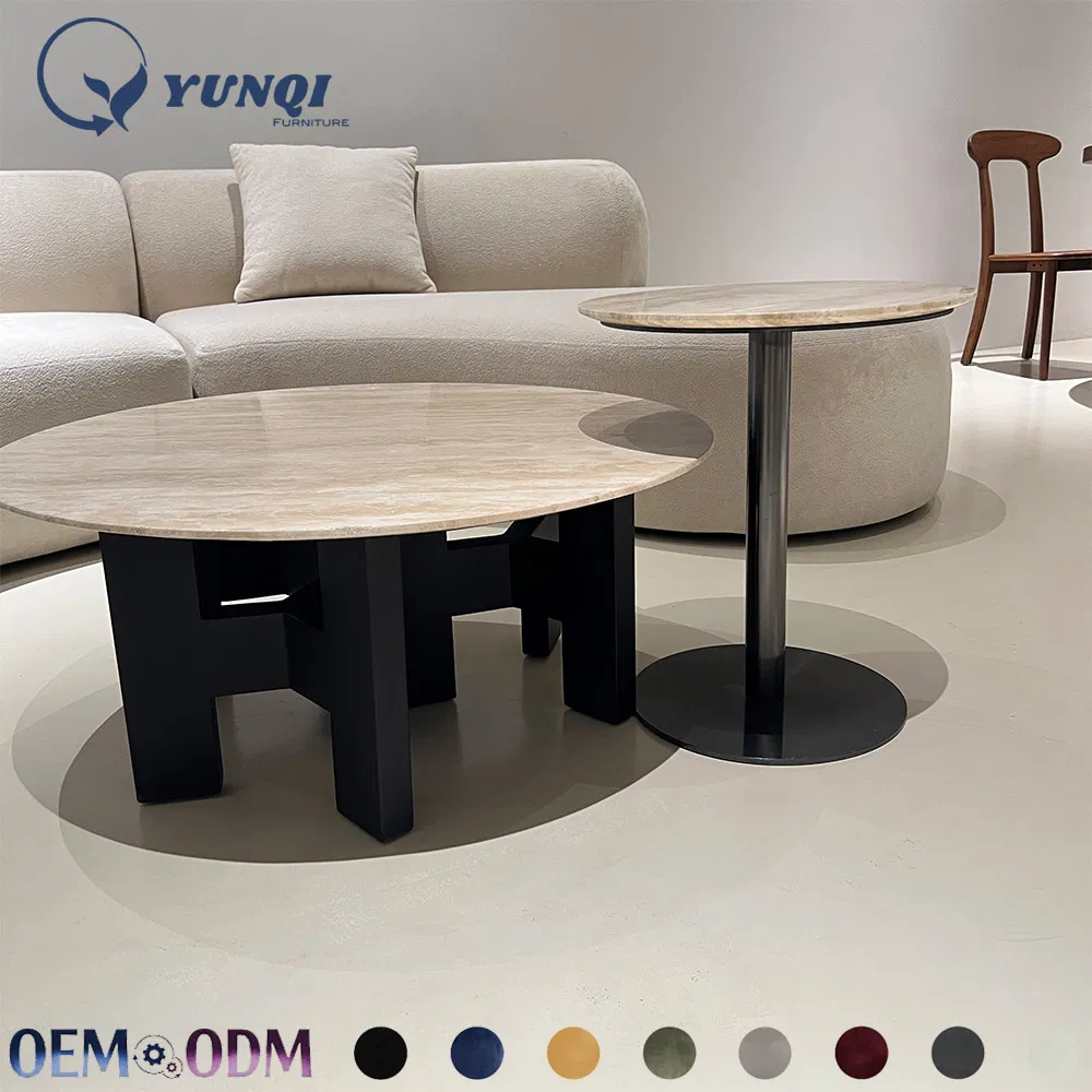 Travertine Round Coffee Table Set Black Metal Base Modern Living Room Center Table