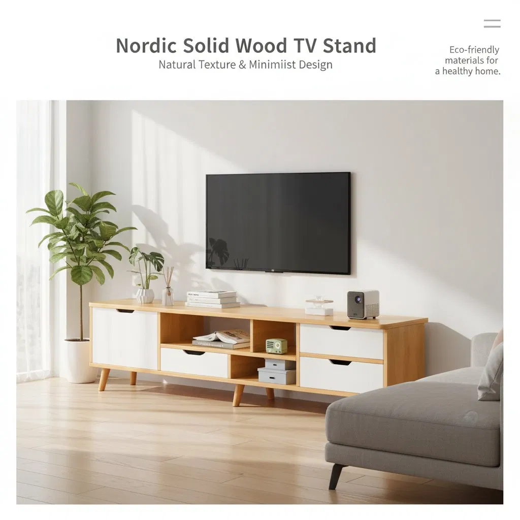Nordic Solid Wood with Drawers & Open Storage, Minimalist Living Room Media Console TV Cabinet