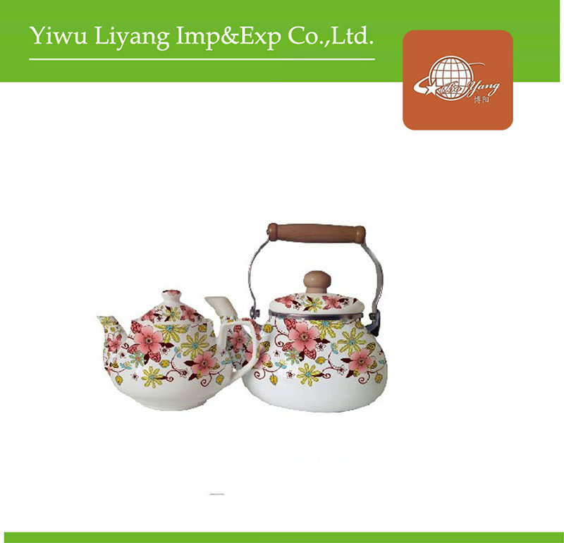 2-Piece Enamel Ceramic Kettle Double Layer Floral Decal Teapot Stainless Steel Wooden Handle Tea Pot