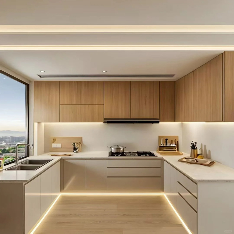 Whole House Customization Design U-Shaped Wood Grain Full Kitchen Cabinet Set