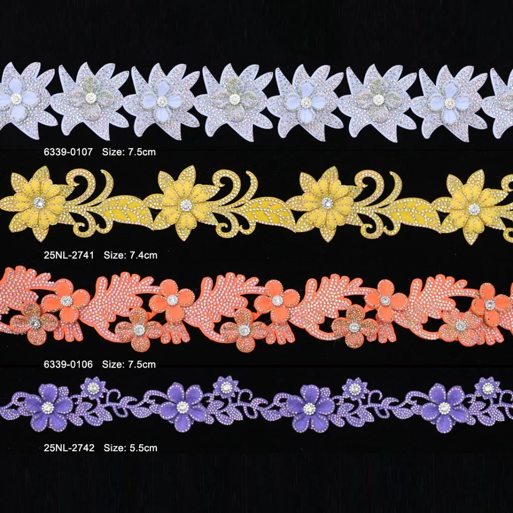 Velvet Fabric Laser Cut Hot Fix Rhinestone Special Embroidery Lace Trim with Flower Pattern for Africa Women Dress