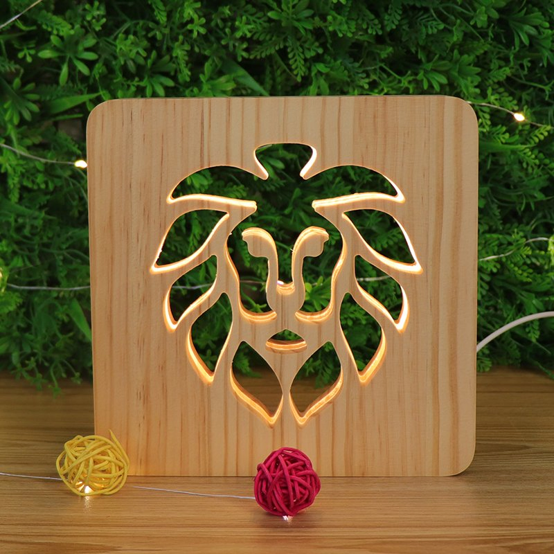 New Style LED Wooden Night Light Lion Square Table Bedside Lamp for Kids