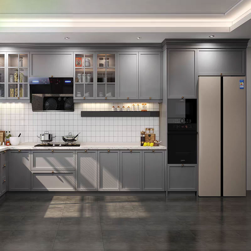 Guangdong Wood Custom Pre Assembled Kitchen Cabinet Maker Shaker Style Modern Grey Kitchen Cabinets