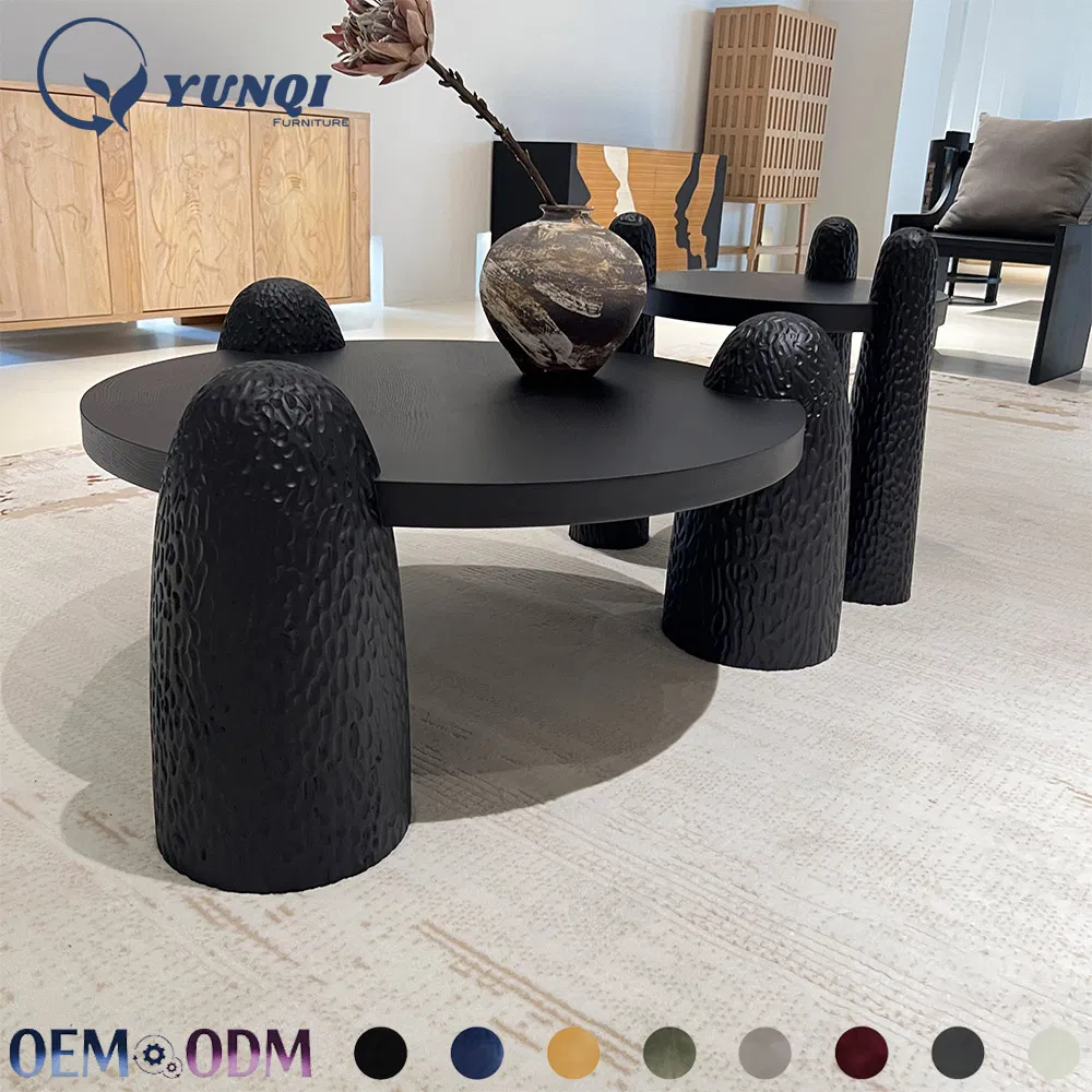 Hand Carved Textured Legs Nesting Coffee Table Modern Minimalist Black Round Center Table