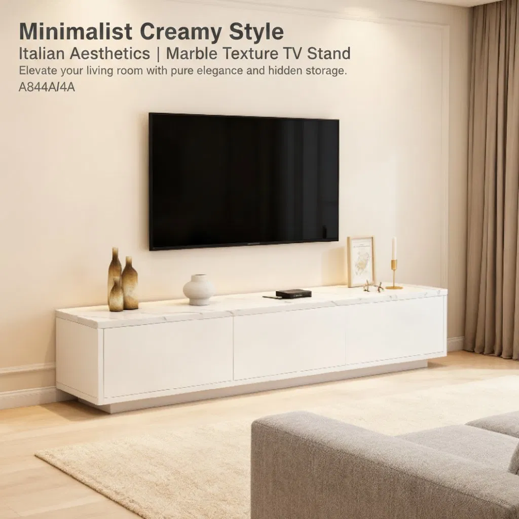 Cream Minimalist Marble Texture TV Cabinet Hidden Storage TV Cabinet