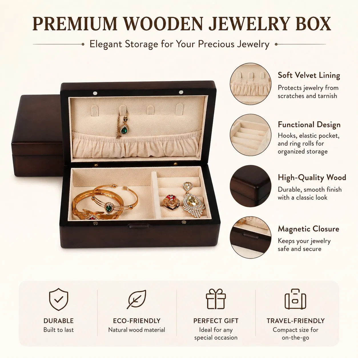 Premium Solid Walnut Wood Jewelry Box Handcrafted Jewelry Organizer Case for Women Personalized Anniversary Gift for Jewelry Collectors Factory Price