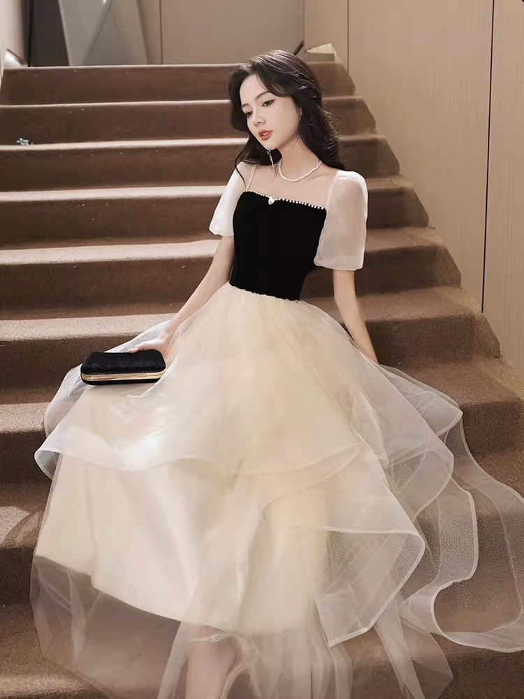 Nnr New Puffed Sleeve Sweet Style Super Fairy Cake Dress Banquet Host Evening Dress