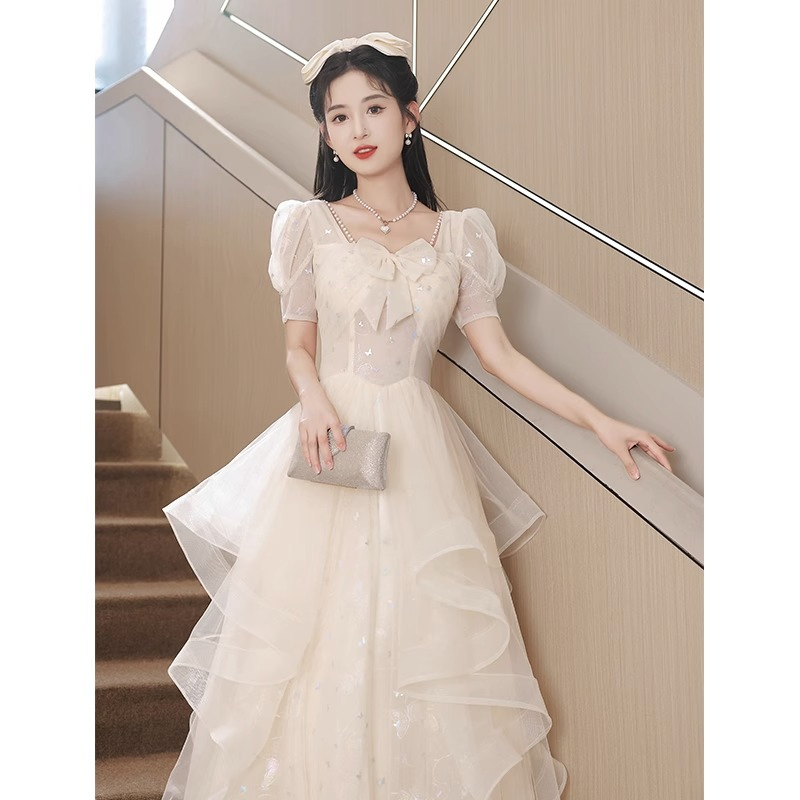 Nnr 2023 New Bubble Sleeve Bow Birthday Coming-of-Age Princess Dress Female Evening Dress