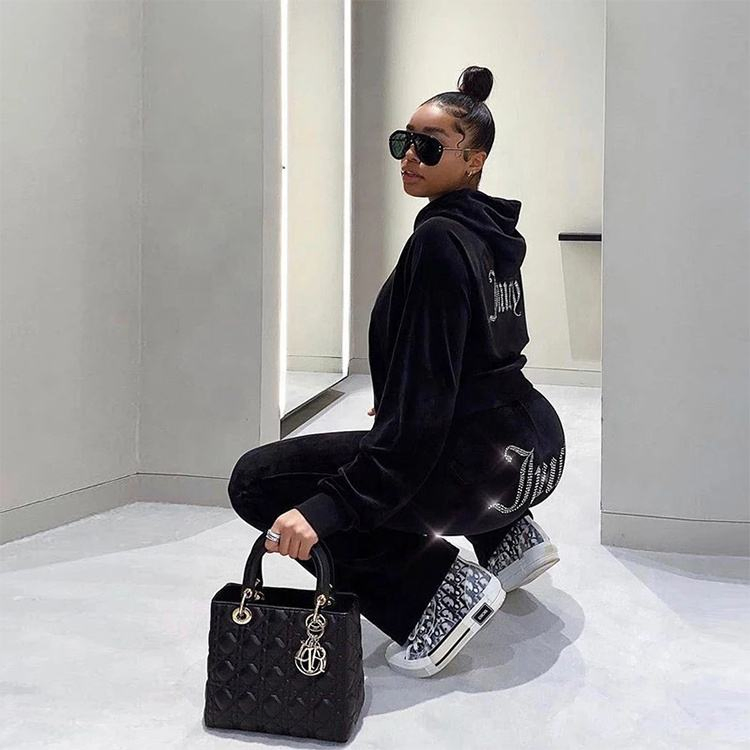 Custom Logo Diamond Rhinestone Logo Velvet Sweatsuit Casual Y2K Jogging Suit 2 Piece Set Velour Tracksuit for Women