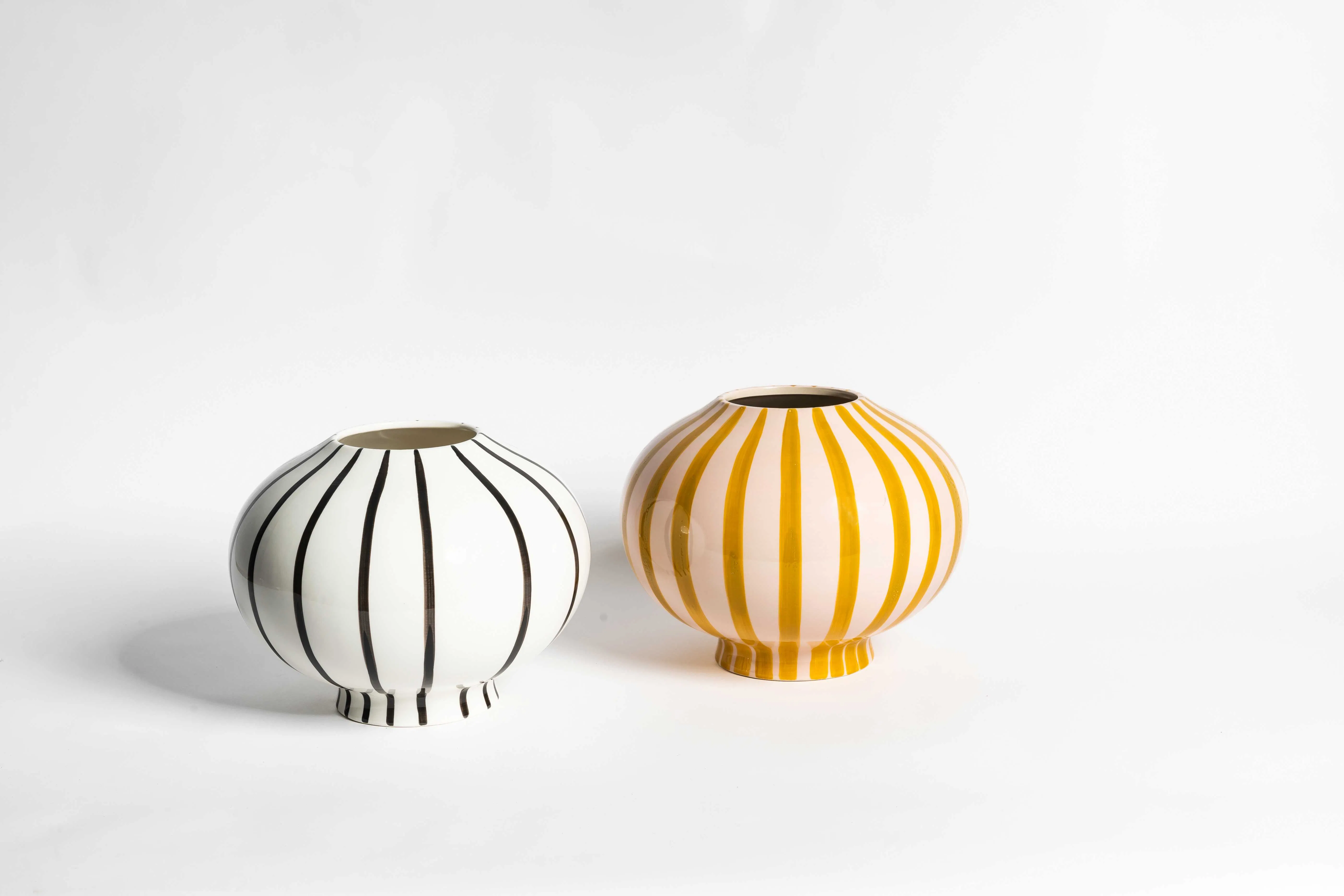 Modern Hand-Painted Ceramic Vase – Striped Round Globe Design in Black & White / Mustard Yellow & Beige