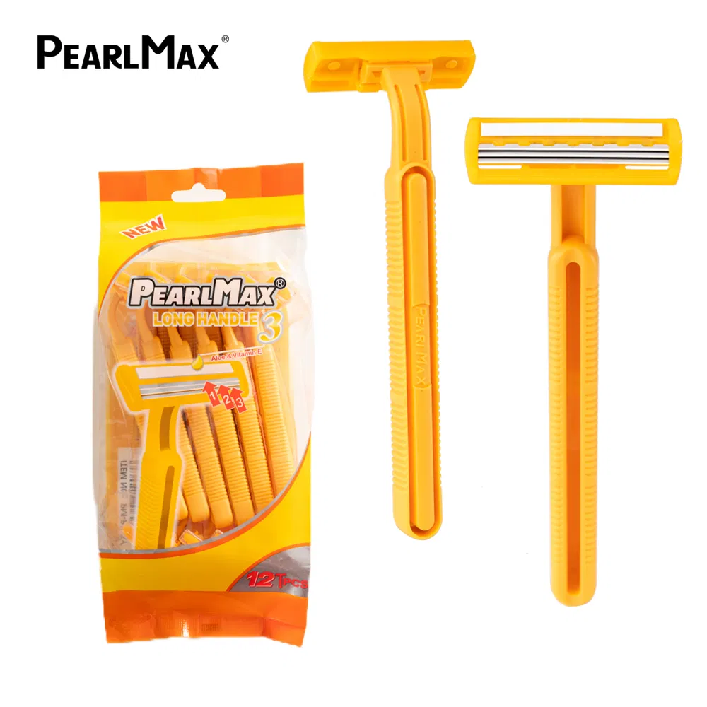 Pearlmax Triple Stainless Steel Blades Fixed Head Plastic Handle Razor Disposable Shaving Razor for Man