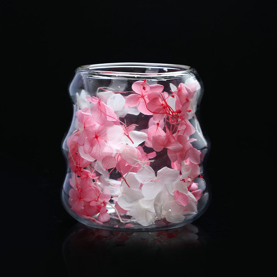 Ripples Double Walled Glass Cup with Dried Colorful Flowers Filling Drinking Glasses