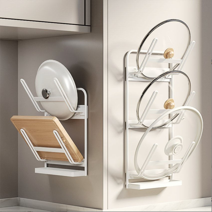Punch-Free Wall-Mounted White Pot Cover Rack Wholesale Kitchen Storage Rack Pot Plate Cutting Board Chopping Board Placement Rack