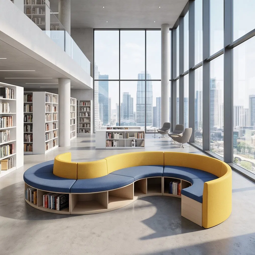 Custom Commercial Seating Office Lounge Sofa Fabric Reading Area Furniture Waiting Couch Modern Contract S Shape Library Storage Sofa Public Space Bookcase Sofa