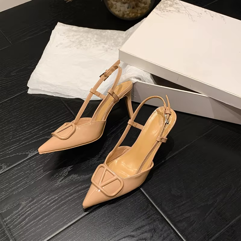Women's Red Patent Leather Slingback Heels V-Shaped Buckle Pointed Toe Party Pumps