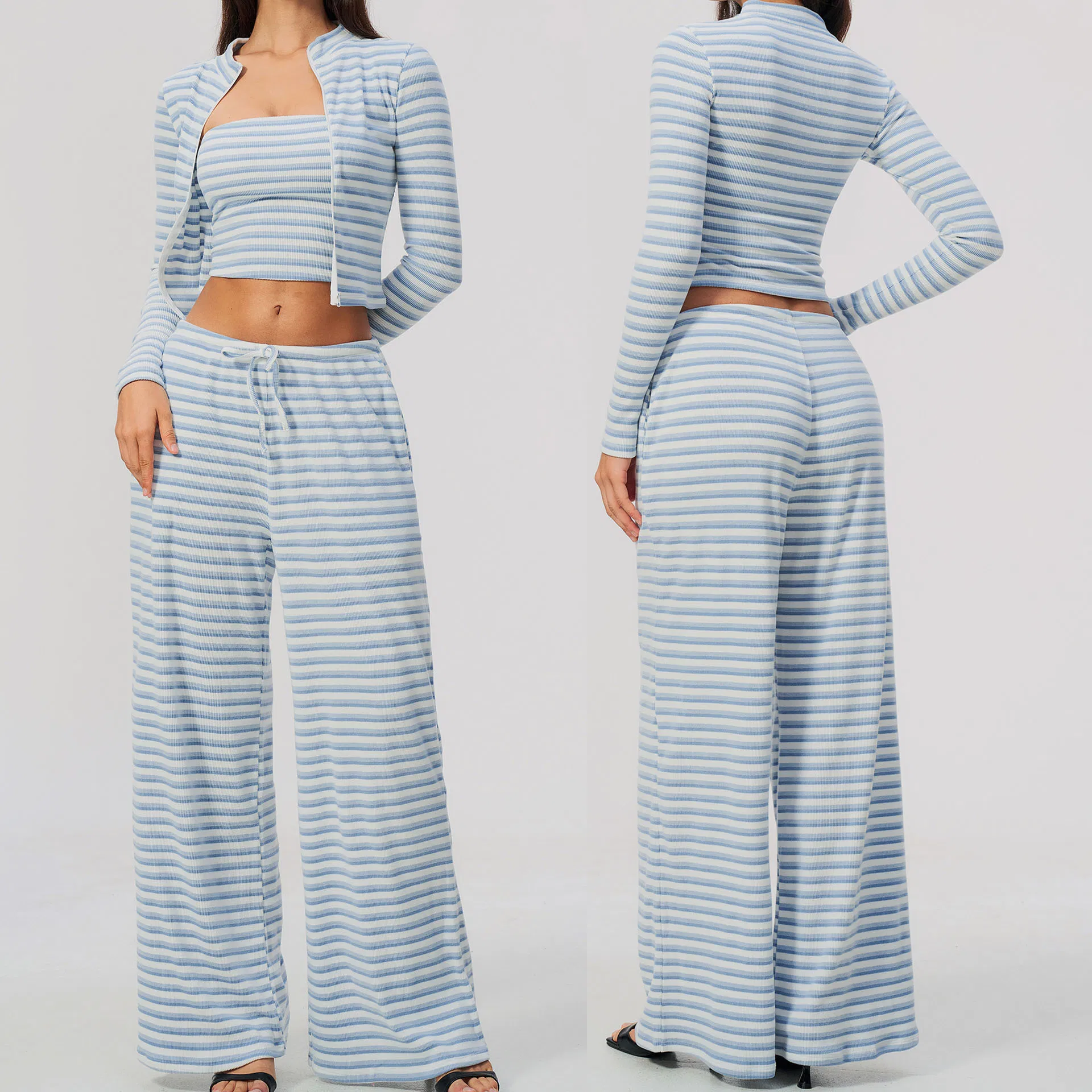 Women 3 Piece Striped Lounge Set, Strapless Bandeau Tube Top, Full Zip Cropped Jacket & Drawstring Wide Leg Pants, Ribbed Knit Workout Set