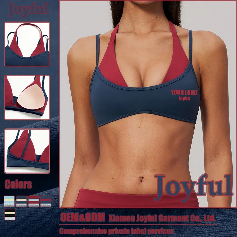 Color-Blocking Gym Wear Woman False Two-Piece Halter Underwear Sexy Padded Sports Bra