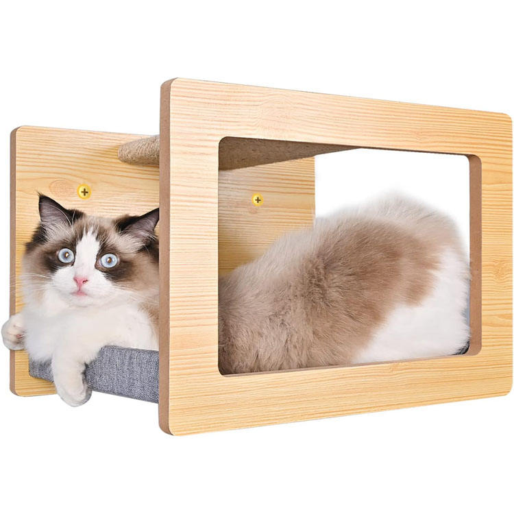 Handmade Solid Wood Wall-Mounted Cat Climbing Frame Indoor Square Cat Wall with Cat Bed