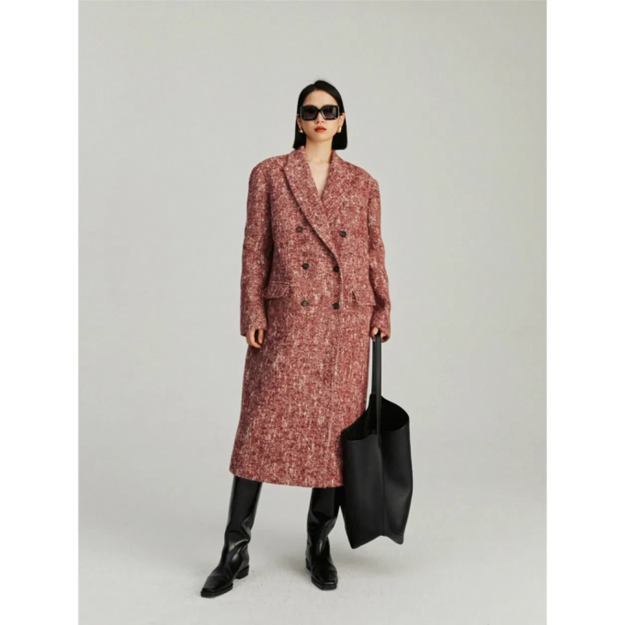 Vintage Speckled Tweed Wool Coat, Double Breasted Oversized Long Belted Wool Overcoat