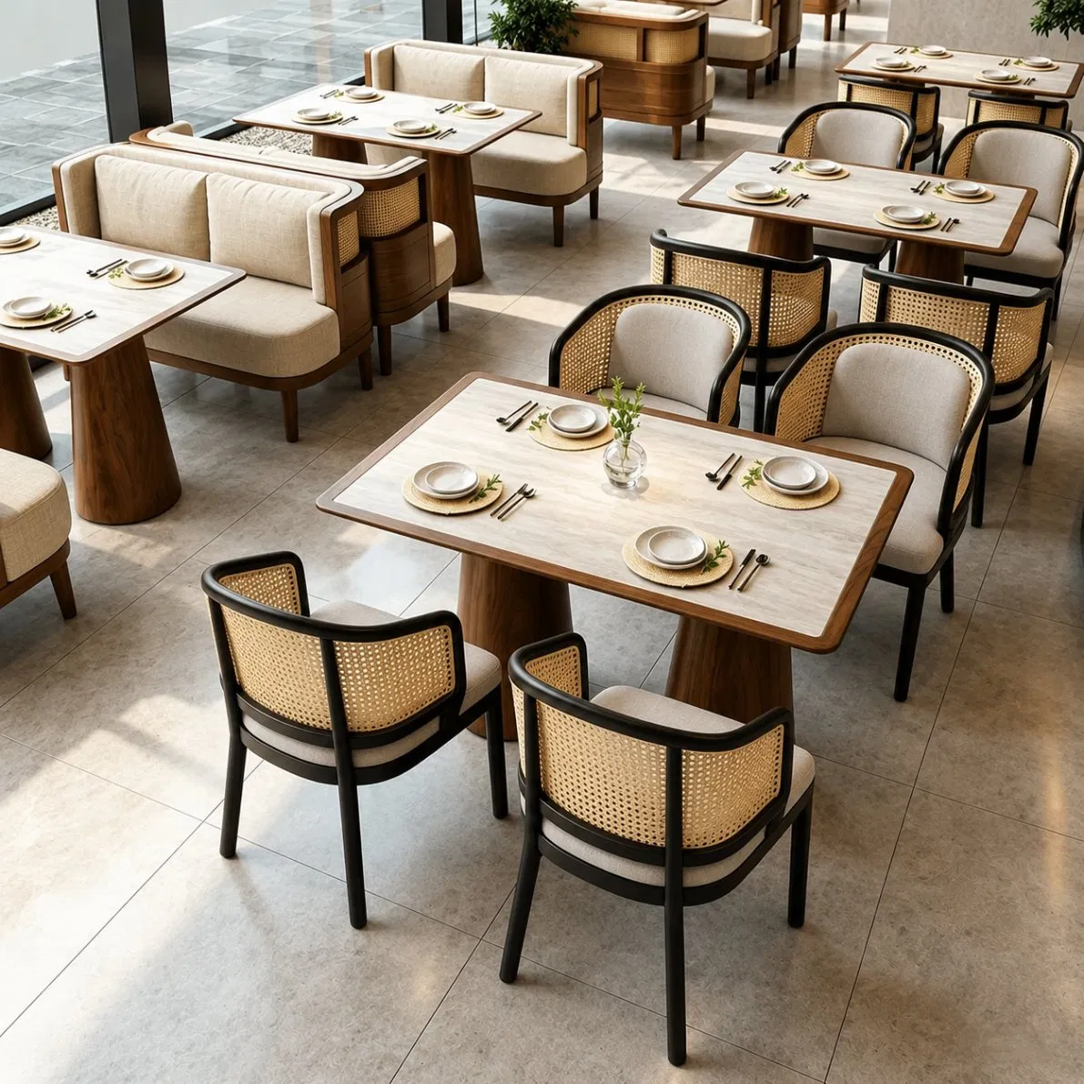 Customized Modern Project Design Solid Wood Restaurant Table and Chair Set Rattan Backrest Hotel Cafe Dining Furniture