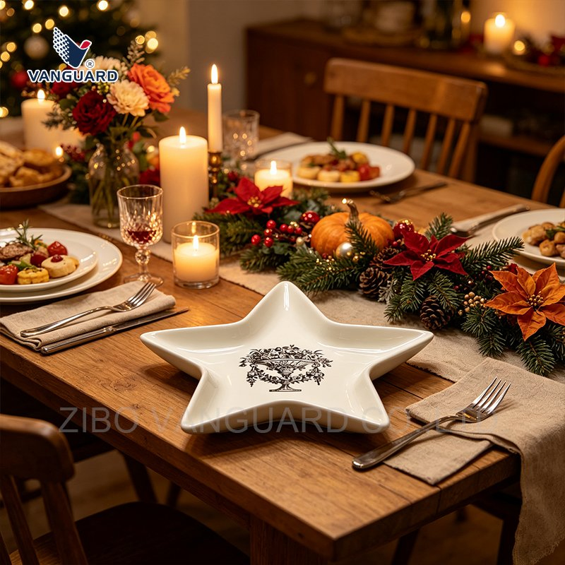 White Christmas Star Ceramic Plate Custom Kitchenware Porcelain Dinner Plate for Home Decor