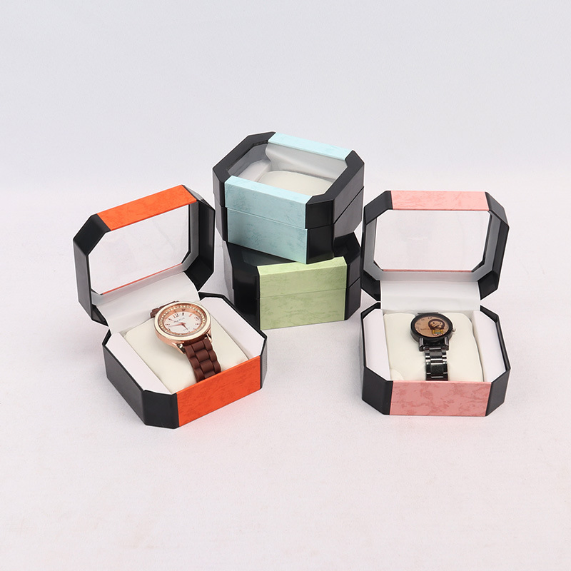 Plastic Octagonal Colorful Watch Box with Transparent Window for Counter Display