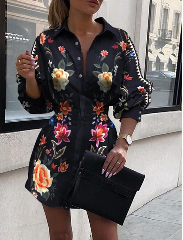 Fashion D Foral Printed Slim Sexy V-Neck Bishop Sleeve Shirt Dress