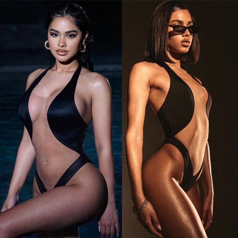 Wholesale Sexy Beach Wear Fitness Cutout Bodysuits for Women One Piece Swimsuit Black Patchwork Swimwear